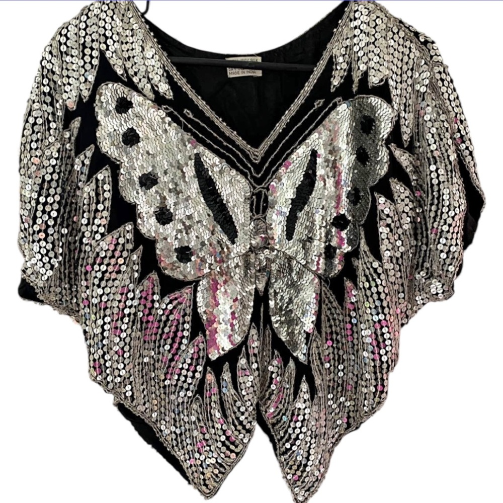 Vintage Sequin Butterfly Disco Top 100% Silk Size Small - Picture 12 of 12